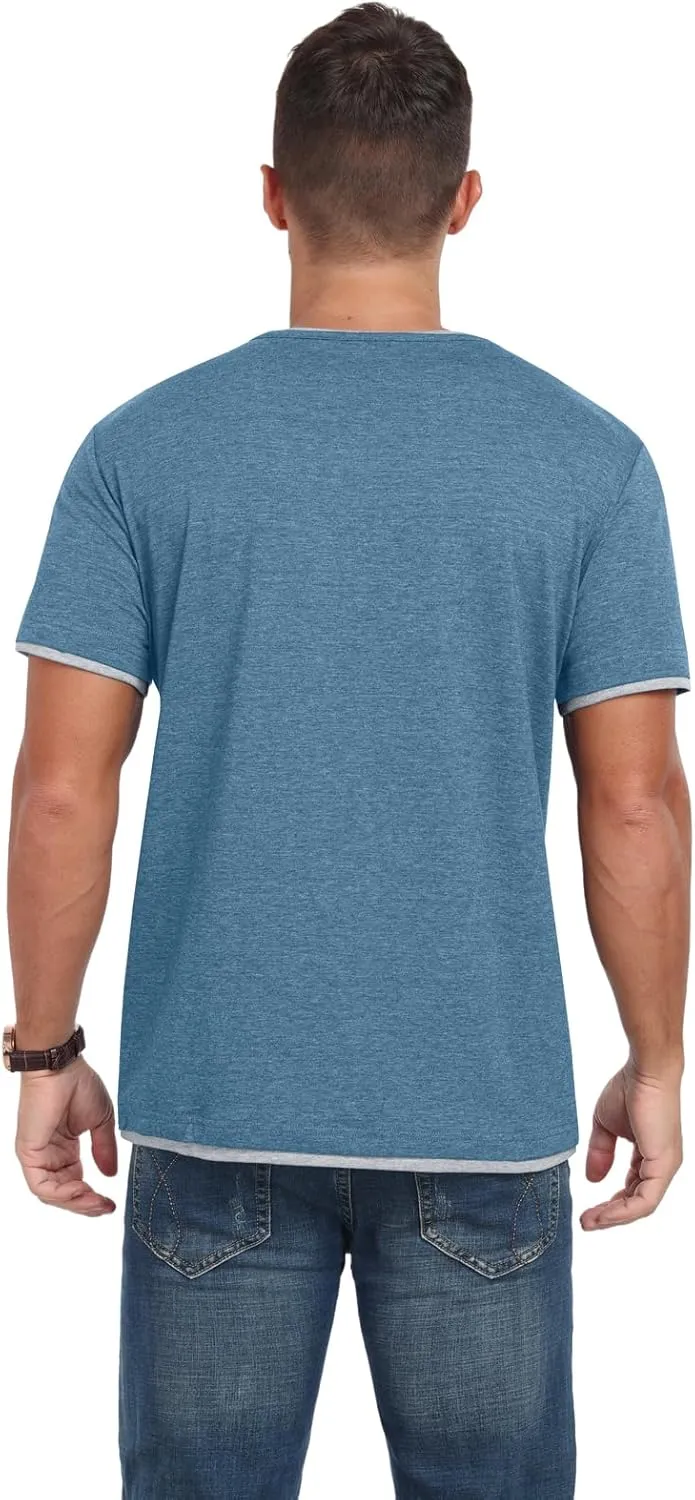 Men's Henley T-Shirt Short Sleeve Casual Lightweight Pullover Shirts Soft Stretch Basic Tees V Neck Metal Design Tops