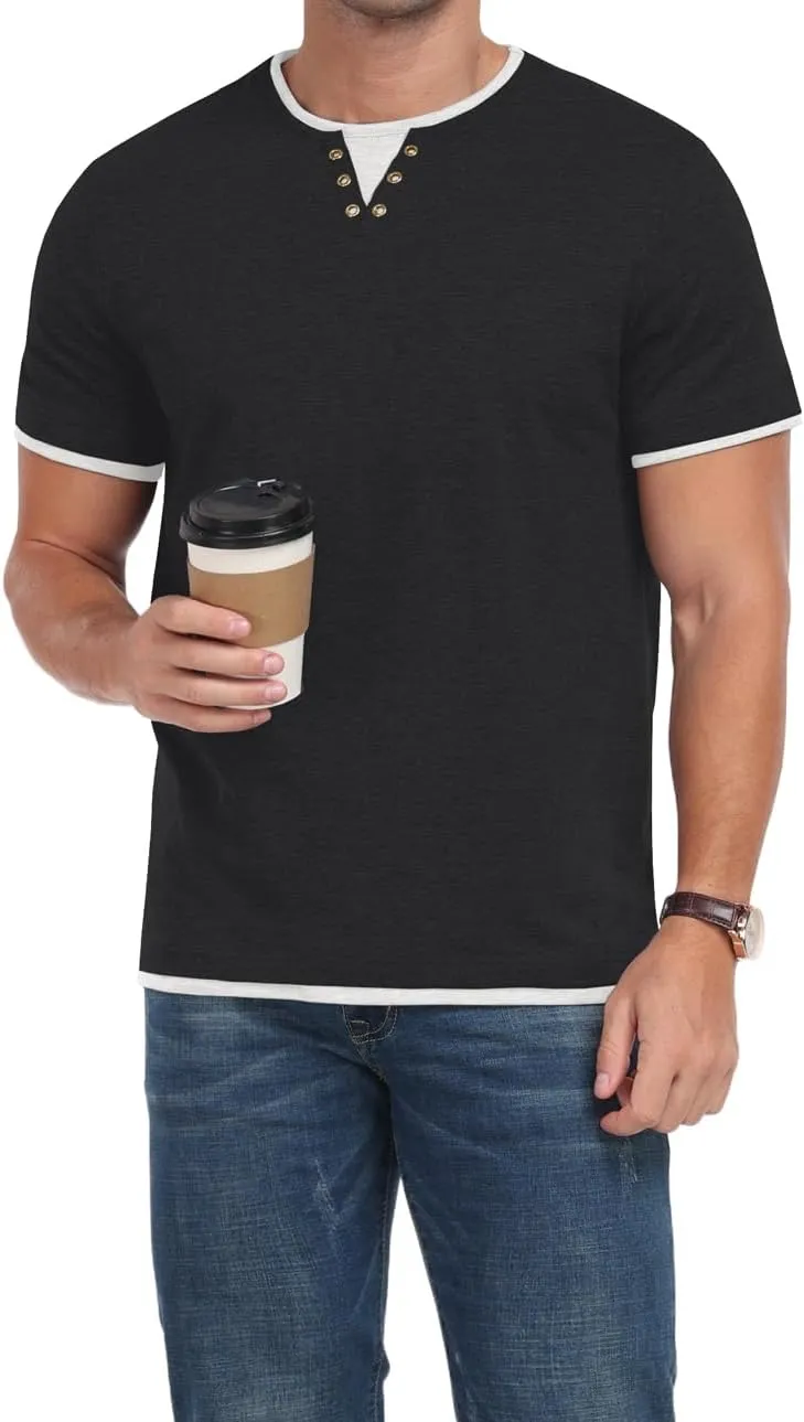Men's Henley T-Shirt Short Sleeve Casual Lightweight Pullover Shirts Soft Stretch Basic Tees V Neck Metal Design Tops