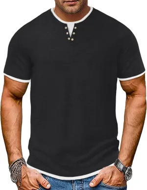 Men's Henley T-Shirt Short Sleeve Casual Lightweight Pullover Shirts Soft Stretch Basic Tees V Neck Metal Design Tops