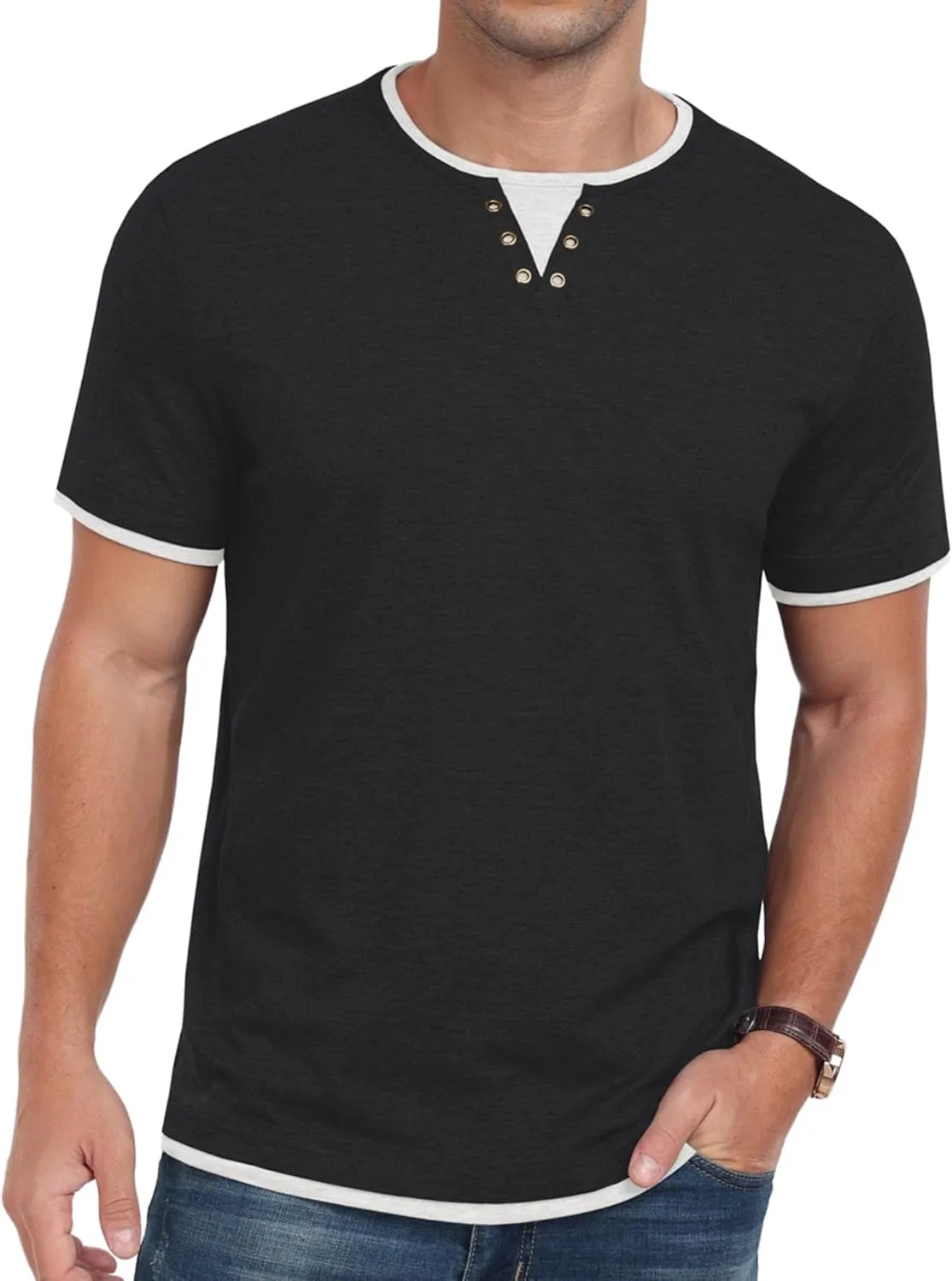 Men's Henley T-Shirt Short Sleeve Casual Lightweight Pullover Shirts Soft Stretch Basic Tees V Neck Metal Design Tops