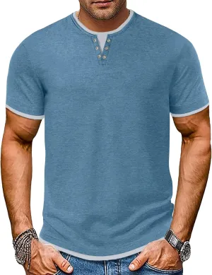 Men's Henley T-Shirt Short Sleeve Casual Lightweight Pullover Shirts Soft Stretch Basic Tees V Neck Metal Design Tops