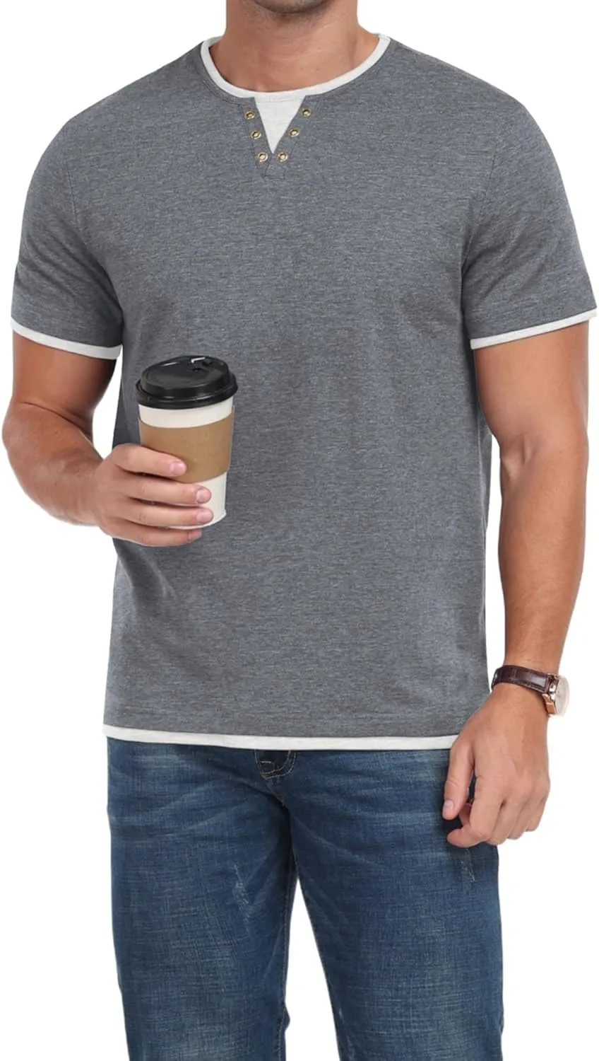 Men's Henley T-Shirt Short Sleeve Casual Lightweight Pullover Shirts Soft Stretch Basic Tees V Neck Metal Design Tops