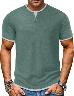 Men's Henley T-Shirt Short Sleeve Casual Lightweight Pullover Shirts Soft Stretch Basic Tees V Neck Metal Design Tops