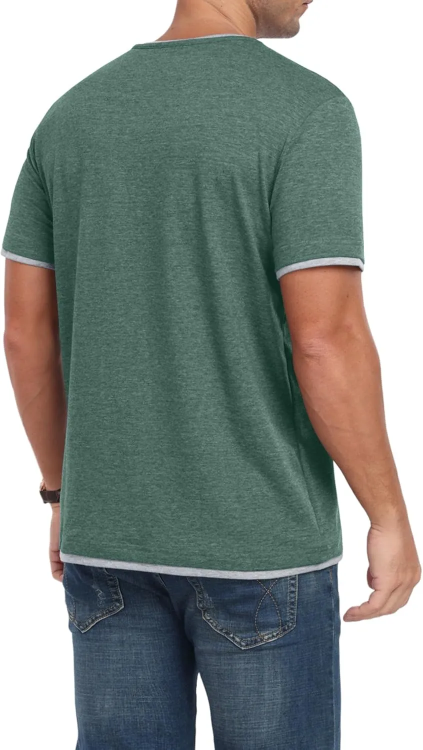 Men's Henley T-Shirt Short Sleeve Casual Lightweight Pullover Shirts Soft Stretch Basic Tees V Neck Metal Design Tops