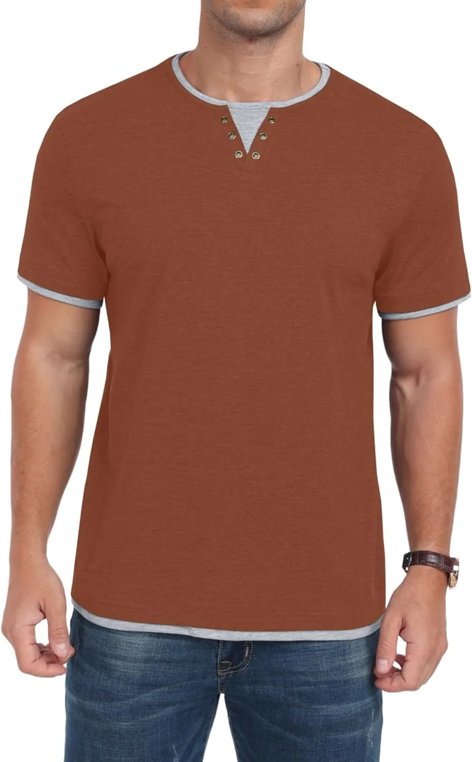 Men's Henley T-Shirt Short Sleeve Casual Lightweight Pullover Shirts Soft Stretch Basic Tees V Neck Metal Design Tops