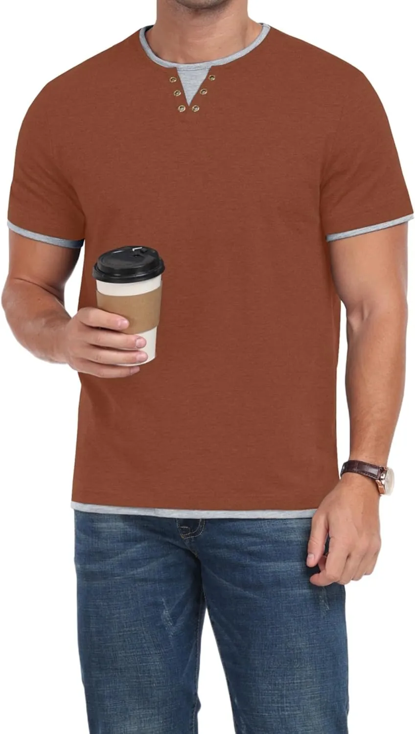 Men's Henley T-Shirt Short Sleeve Casual Lightweight Pullover Shirts Soft Stretch Basic Tees V Neck Metal Design Tops