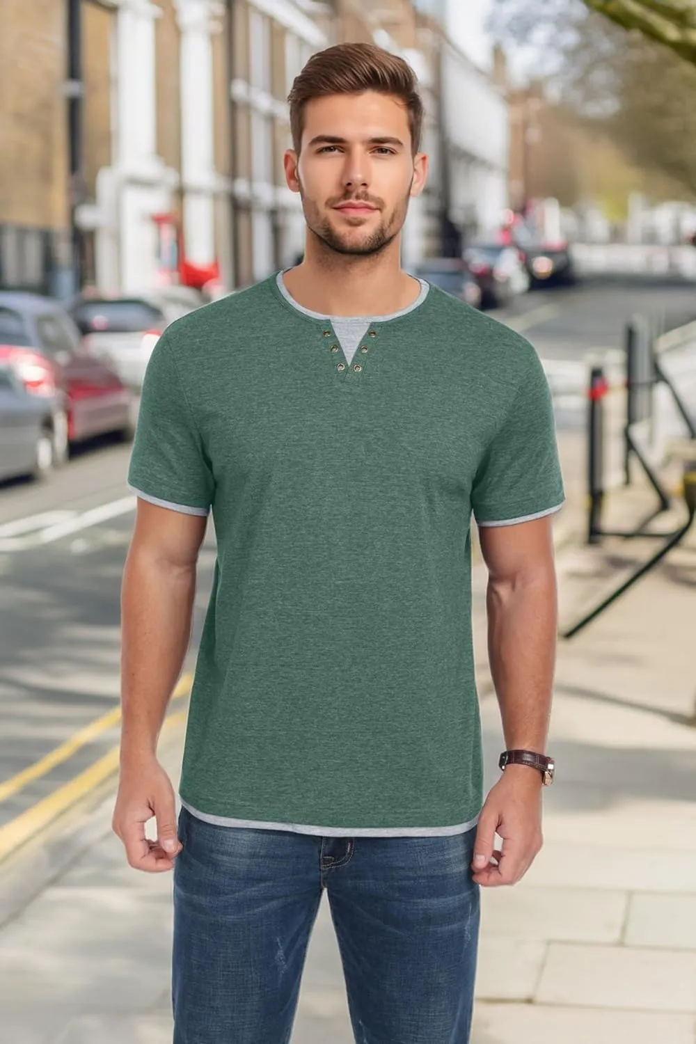 Men's Henley T-Shirt Short Sleeve Casual Lightweight Pullover Shirts Soft Stretch Basic Tees V Neck Metal Design Tops