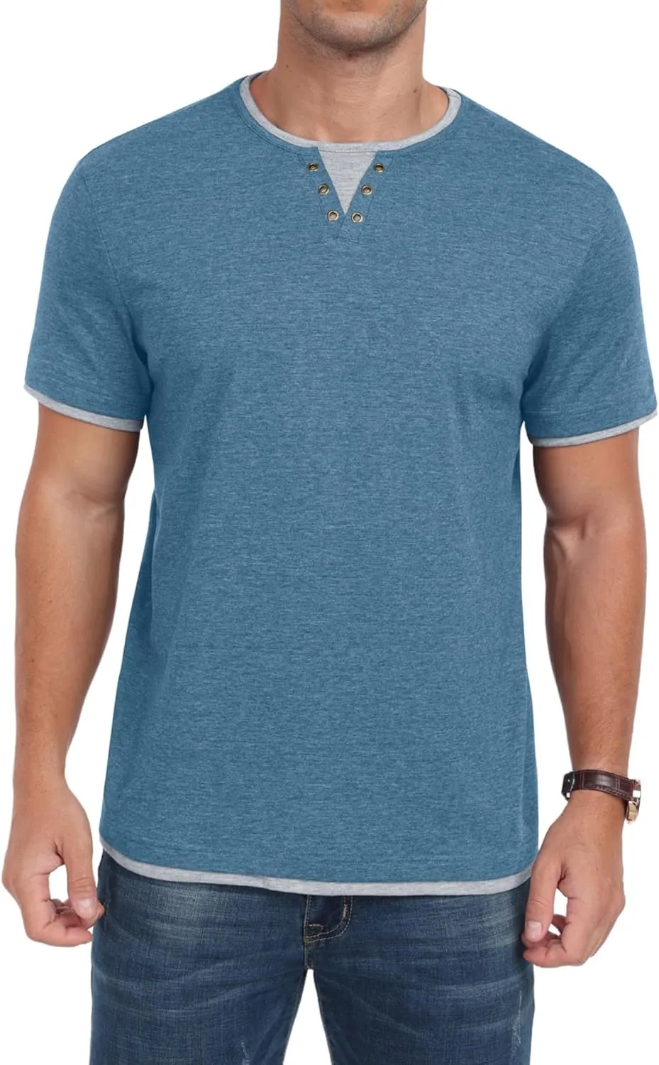 Men's Henley T-Shirt Short Sleeve Casual Lightweight Pullover Shirts Soft Stretch Basic Tees V Neck Metal Design Tops