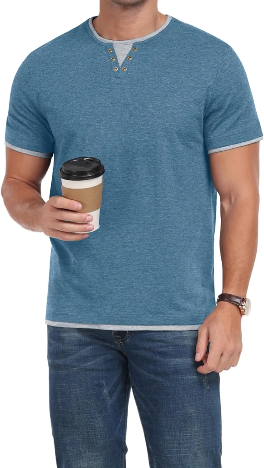 Men's Henley T-Shirt Short Sleeve Casual Lightweight Pullover Shirts Soft Stretch Basic Tees V Neck Metal Design Tops
