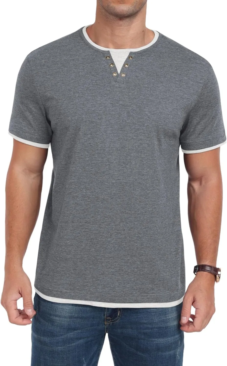 Men's Henley T-Shirt Short Sleeve Casual Lightweight Pullover Shirts Soft Stretch Basic Tees V Neck Metal Design Tops