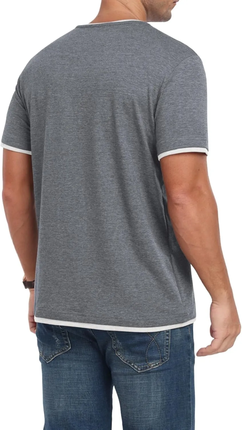 Men's Henley T-Shirt Short Sleeve Casual Lightweight Pullover Shirts Soft Stretch Basic Tees V Neck Metal Design Tops