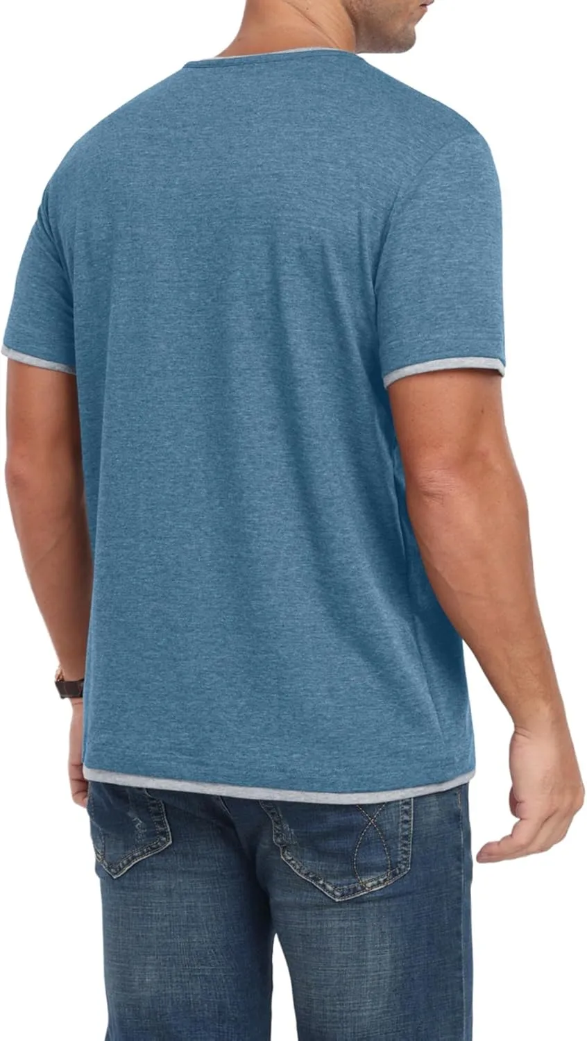 Men's Henley T-Shirt Short Sleeve Casual Lightweight Pullover Shirts Soft Stretch Basic Tees V Neck Metal Design Tops