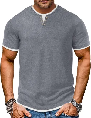 Men's Henley T-Shirt Short Sleeve Casual Lightweight Pullover Shirts Soft Stretch Basic Tees V Neck Metal Design Tops