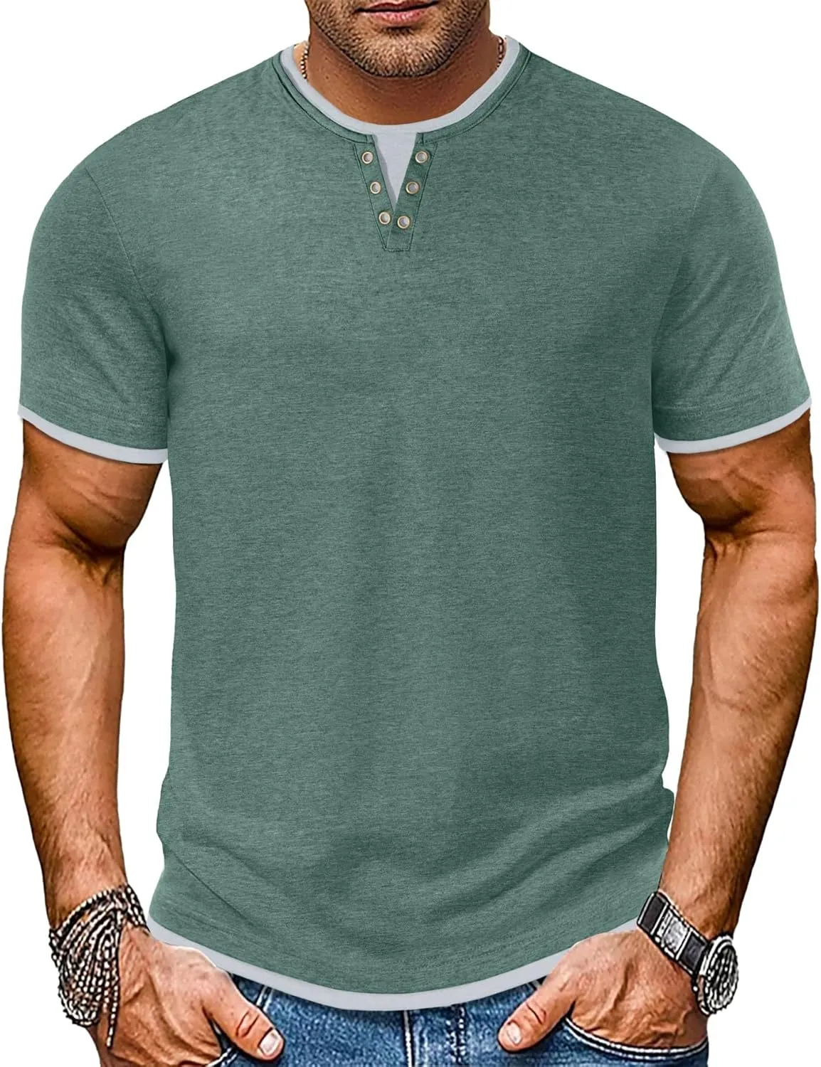 Men's Henley T-Shirt Short Sleeve Casual Lightweight Pullover Shirts Soft Stretch Basic Tees V Neck Metal Design Tops