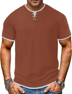 Men's Henley T-Shirt Short Sleeve Casual Lightweight Pullover Shirts Soft Stretch Basic Tees V Neck Metal Design Tops