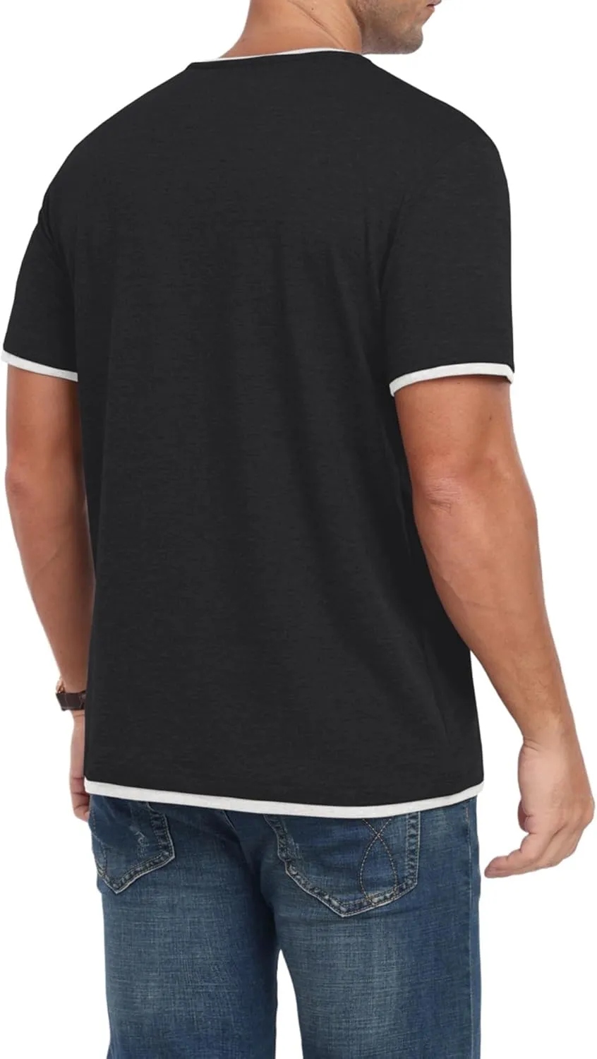 Men's Henley T-Shirt Short Sleeve Casual Lightweight Pullover Shirts Soft Stretch Basic Tees V Neck Metal Design Tops