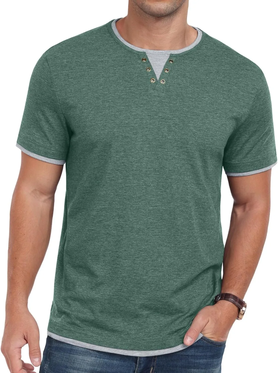 Men's Henley T-Shirt Short Sleeve Casual Lightweight Pullover Shirts Soft Stretch Basic Tees V Neck Metal Design Tops