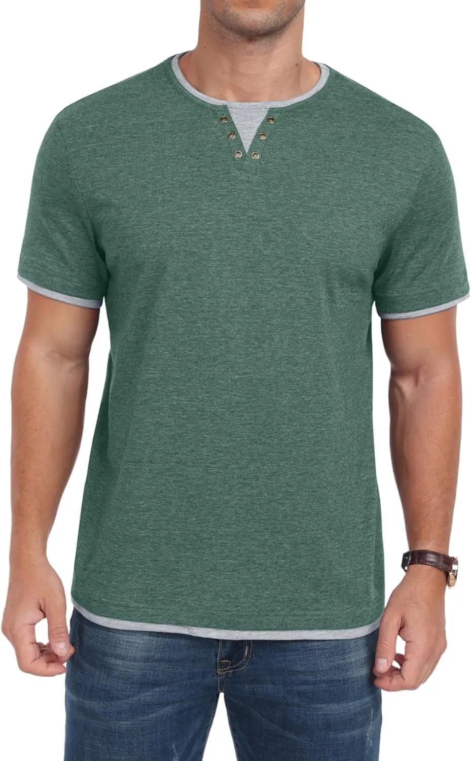 Men's Henley T-Shirt Short Sleeve Casual Lightweight Pullover Shirts Soft Stretch Basic Tees V Neck Metal Design Tops