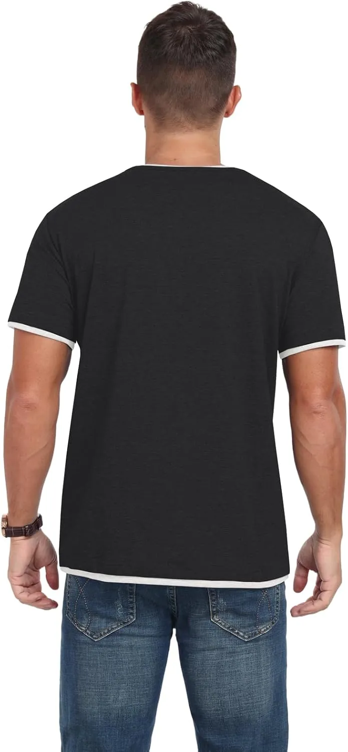 Men's Henley T-Shirt Short Sleeve Casual Lightweight Pullover Shirts Soft Stretch Basic Tees V Neck Metal Design Tops