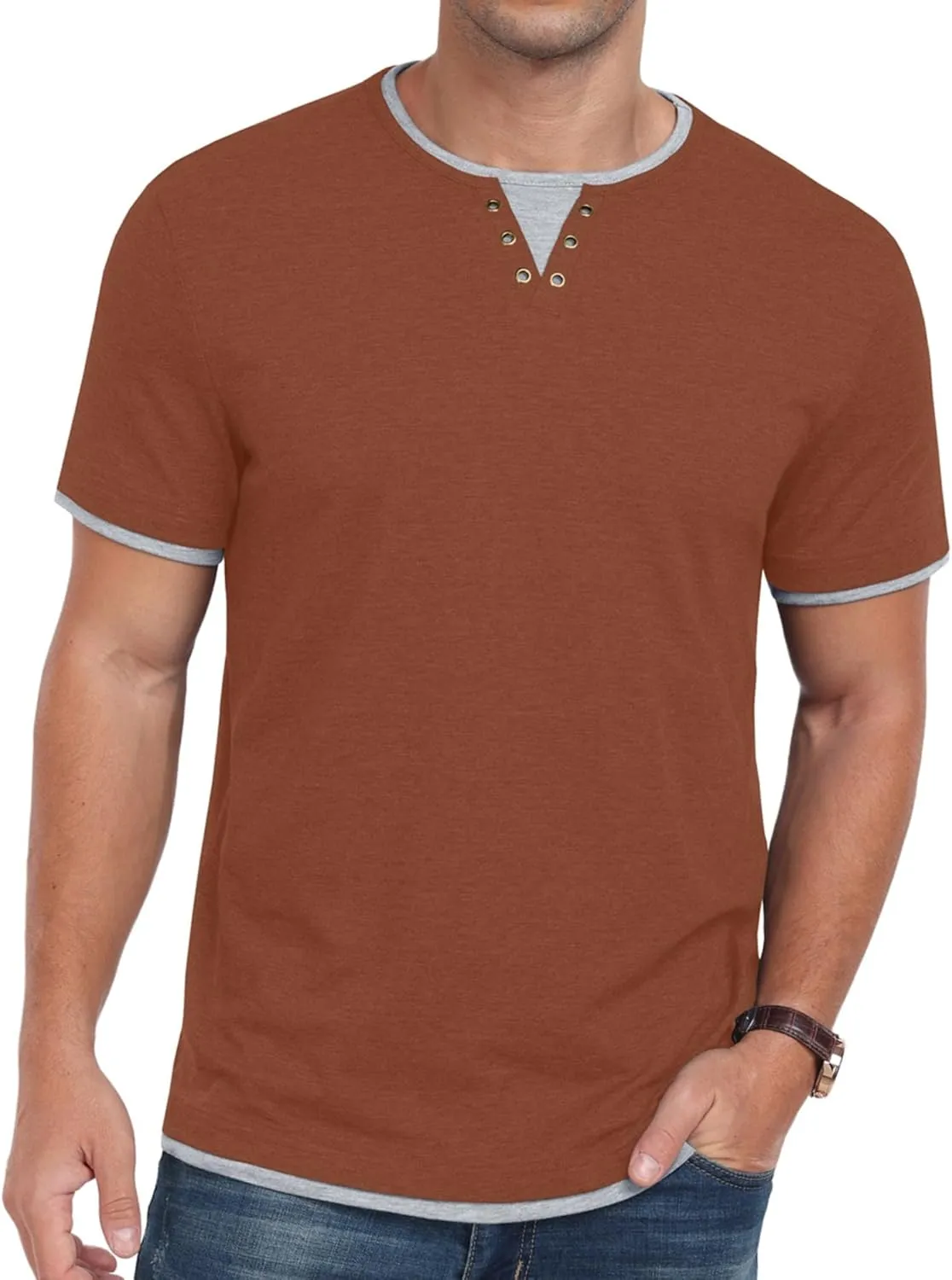 Men's Henley T-Shirt Short Sleeve Casual Lightweight Pullover Shirts Soft Stretch Basic Tees V Neck Metal Design Tops