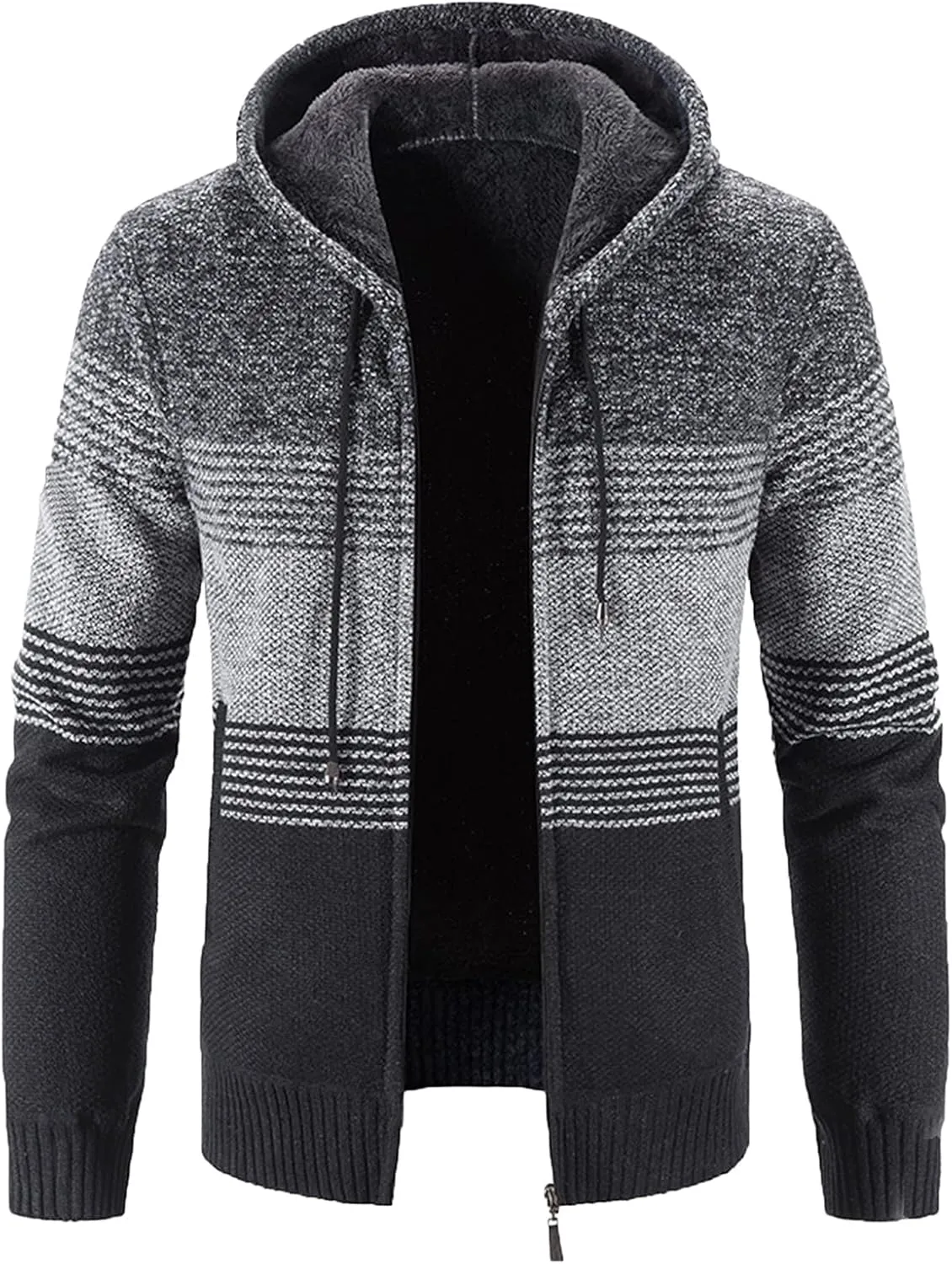 Mens Hooded Sweater Jacket Winter Warm Long Sleeve Full Zip Knitted Jackets Coats Vintage Striped Cardigan Sweaters