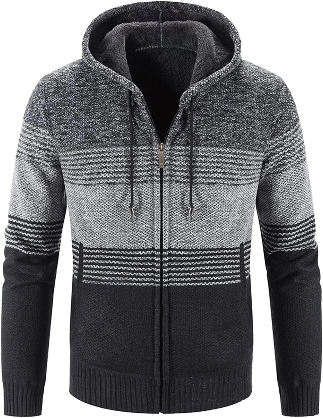Mens Hooded Sweater Jacket Winter Warm Long Sleeve Full Zip Knitted Jackets Coats Vintage Striped Cardigan Sweaters