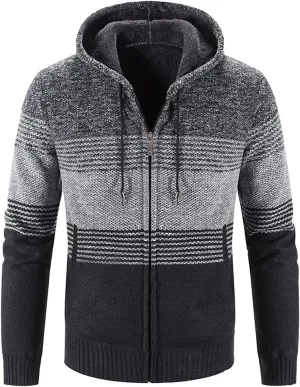 Mens Hooded Sweater Jacket Winter Warm Long Sleeve Full Zip Knitted Jackets Coats Vintage Striped Cardigan Sweaters