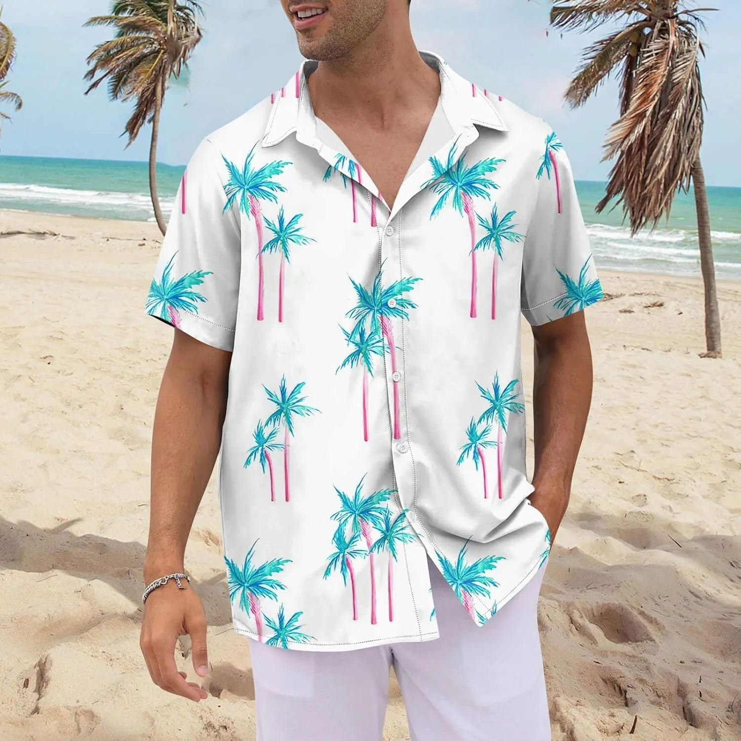 Mens Linen Shirts Short Sleeve Button Down Shirts Hawaii Shirts Wrinkle Casual Vacation Beach Summer Tops