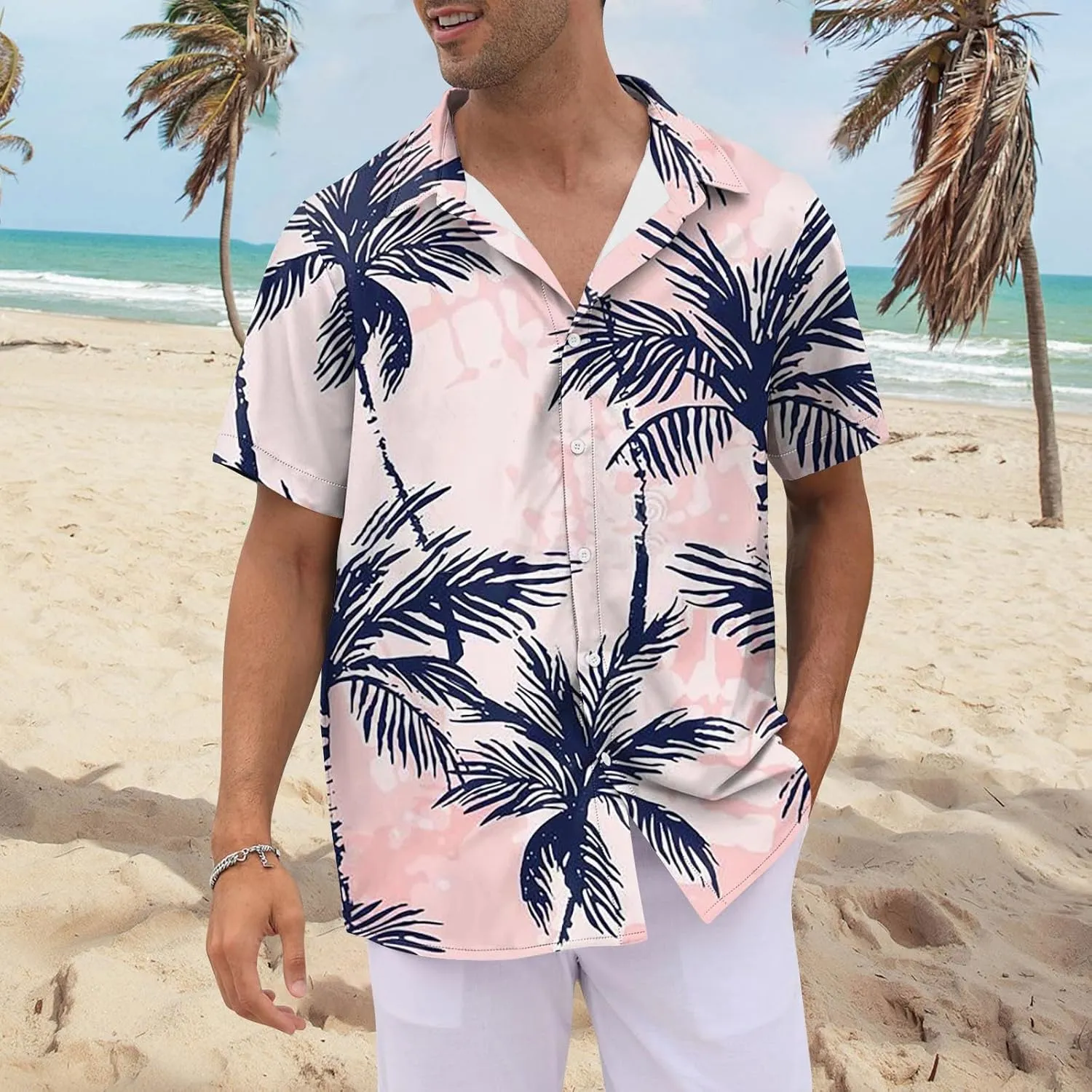 Mens Linen Shirts Short Sleeve Button Down Shirts Hawaii Shirts Wrinkle Casual Vacation Beach Summer Tops