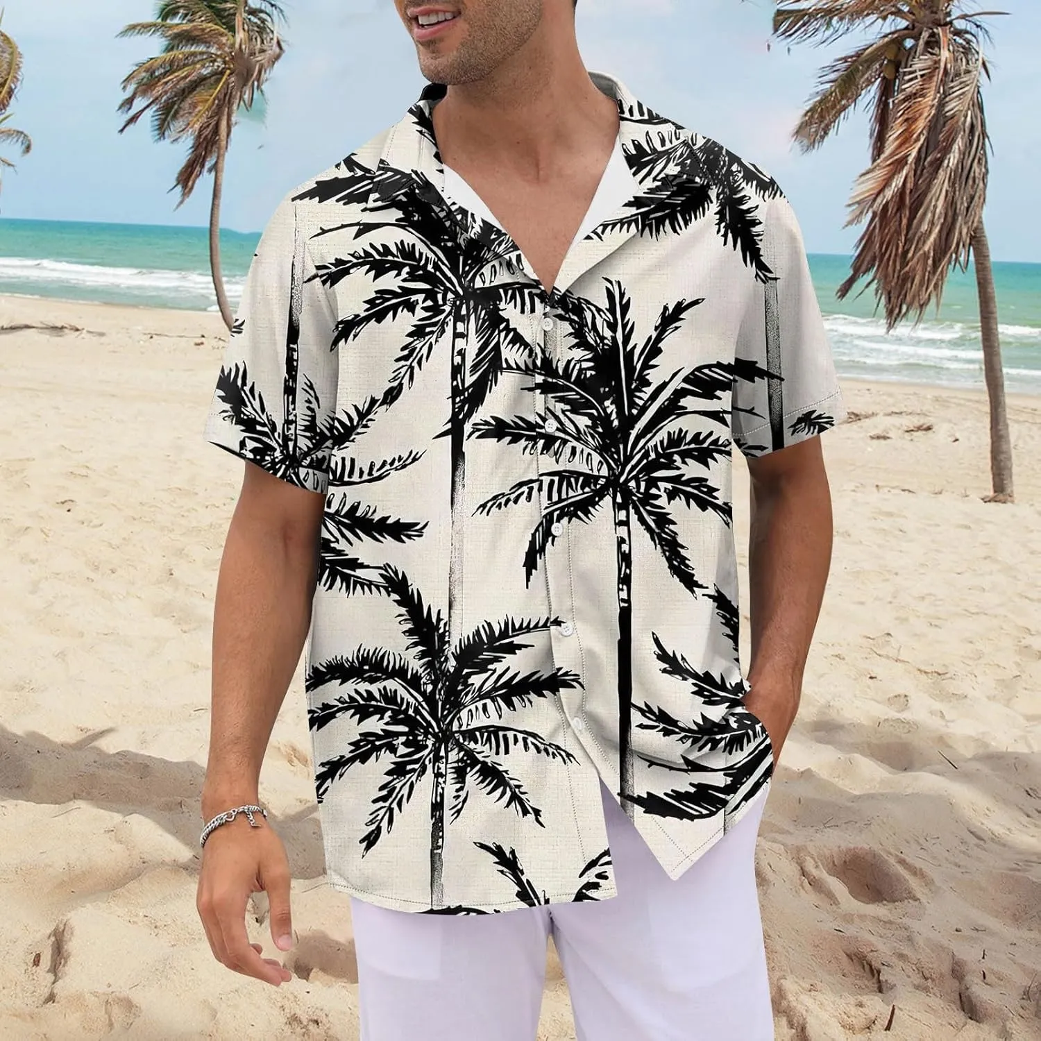 Mens Linen Shirts Short Sleeve Button Down Shirts Hawaii Shirts Wrinkle Casual Vacation Beach Summer Tops