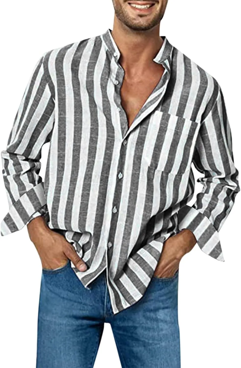 Men's Linen Striped Dress Shirts Long Sleeve Big and Tall Casual Button Down Office Work Shirts Summer Holiday Beach Shirts