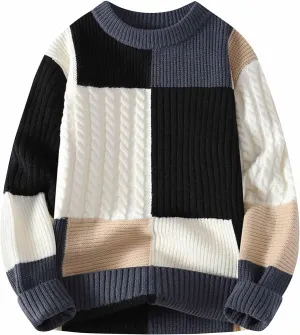 Men's Oversized Color Blocked Knitted Sweater Long Sleeve Crewneck Pullover Casual Jumper Fall Winter Fashion Loose Warm Top