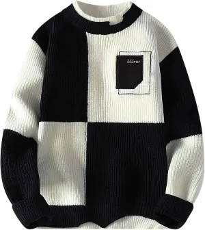Men's Oversized Color Blocked Knitted Sweater Long Sleeve Crewneck Pullover Casual Jumper Fall Winter Fashion Loose Warm Top