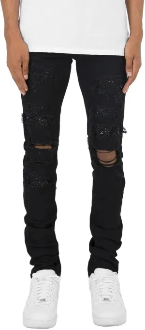 Men's Ripped Jeans, Destroyed Straight Fit Skinny Rhinestone Denim Pants Stretch Washed Denim Jeans