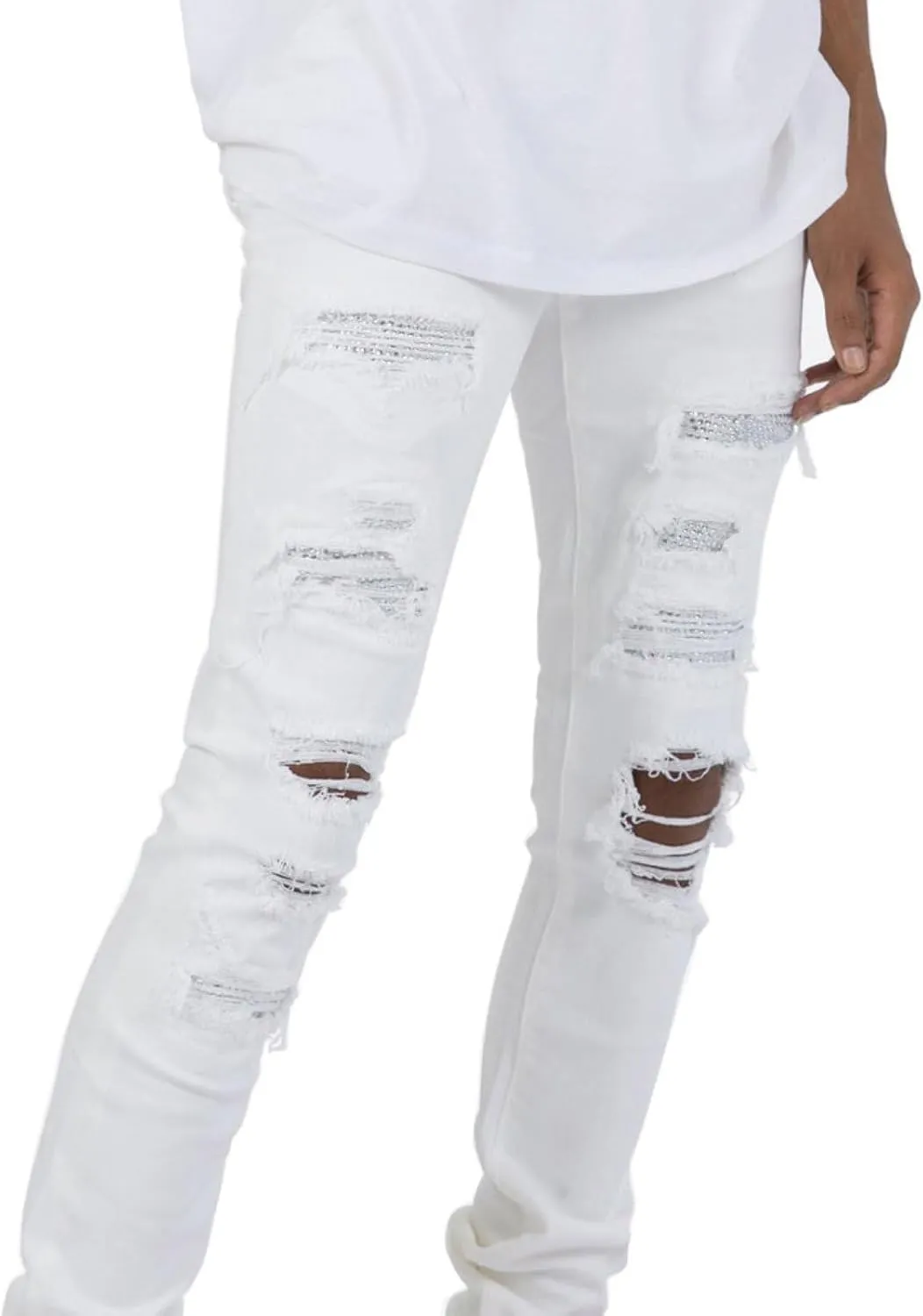 Men's Ripped Jeans, Destroyed Straight Fit Skinny Rhinestone Denim Pants Stretch Washed Denim Jeans