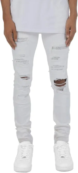 Men's Ripped Jeans, Destroyed Straight Fit Skinny Rhinestone Denim Pants Stretch Washed Denim Jeans