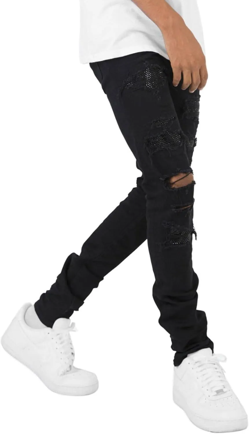 Men's Ripped Jeans, Destroyed Straight Fit Skinny Rhinestone Denim Pants Stretch Washed Denim Jeans