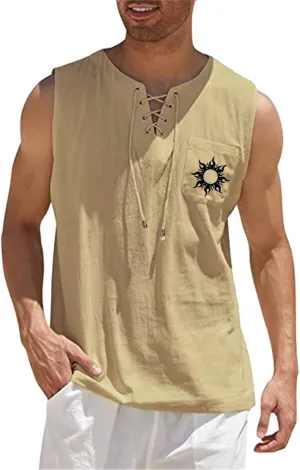 Mens Summer Beach Sleeveless Shirts Lace Up Fashion Printed Tank Tops with Pocket Comfort Cotton Muscle Fit Gym Workout Vest