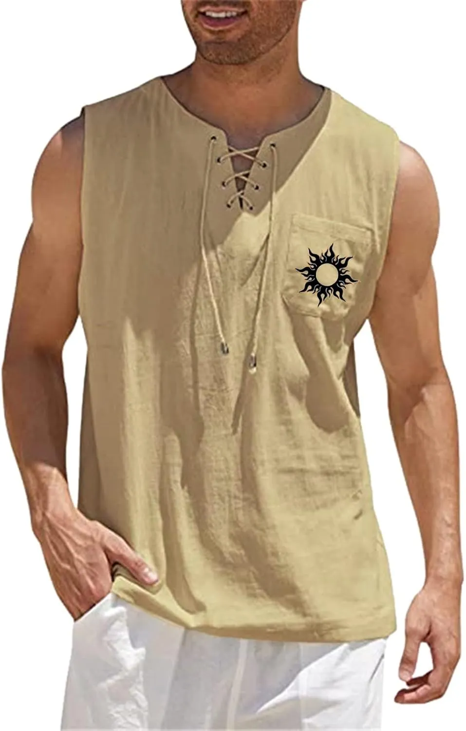 Mens Summer Beach Sleeveless Shirts Lace Up Fashion Printed Tank Tops with Pocket Comfort Cotton Muscle Fit Gym Workout Vest