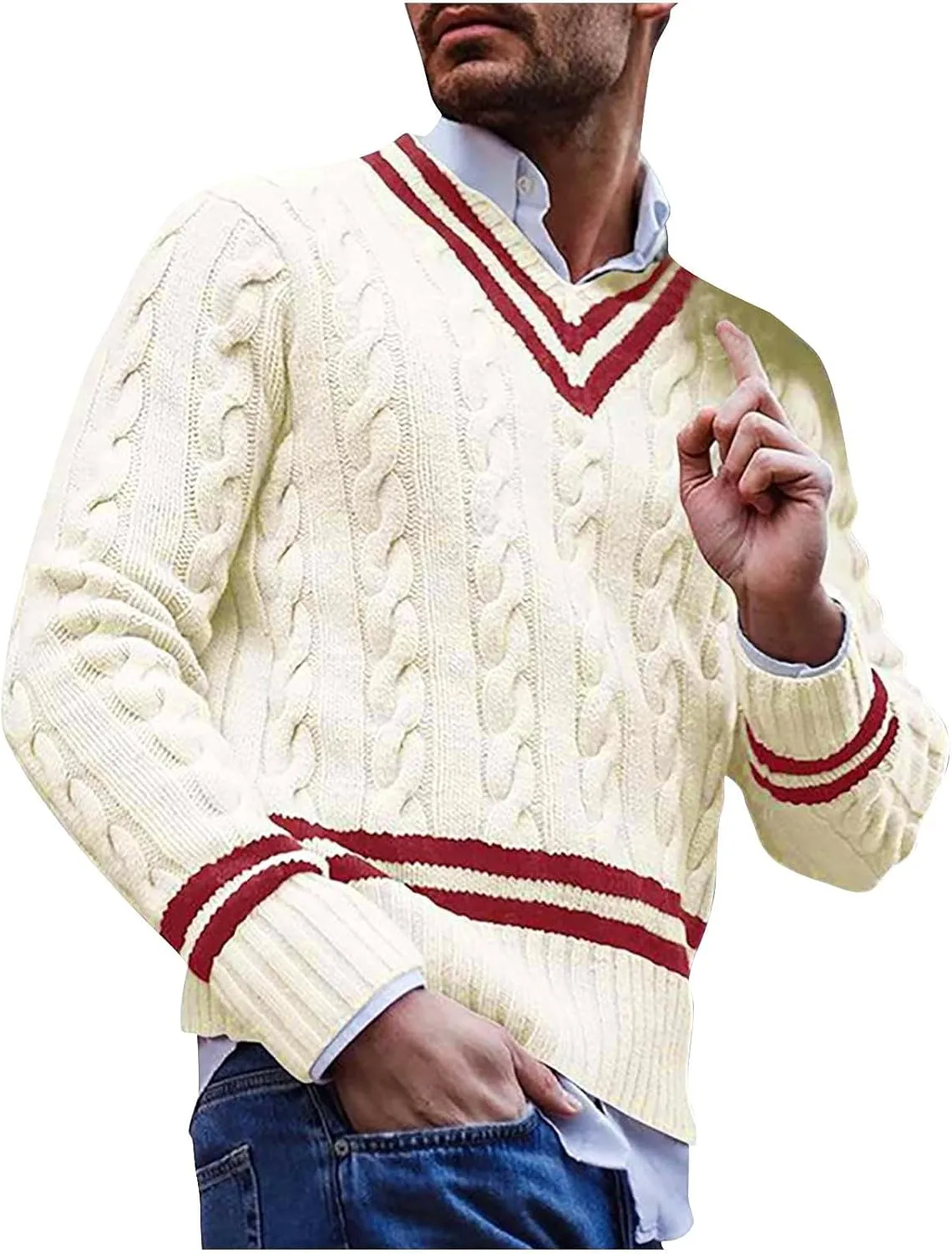Mens Sweater Textured Knitted Sweaters Casual Long-Sleeve Work Bottom Sweaters V Neck Patchwork Stylish Sweaters