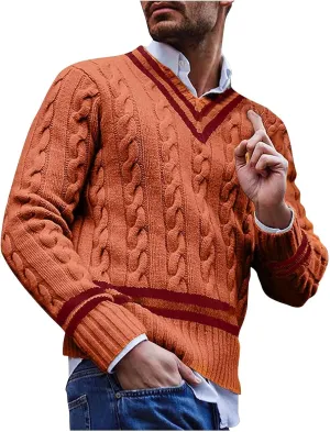 Mens Sweater Textured Knitted Sweaters Casual Long-Sleeve Work Bottom Sweaters V Neck Patchwork Stylish Sweaters
