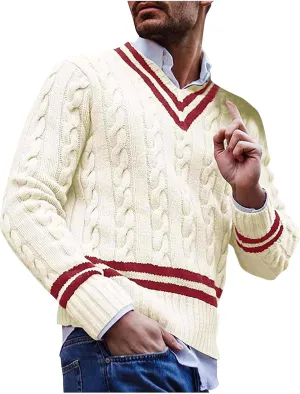 Mens Sweater Textured Knitted Sweaters Casual Long-Sleeve Work Bottom Sweaters V Neck Patchwork Stylish Sweaters