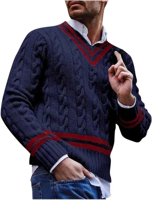 Mens Sweater Textured Knitted Sweaters Casual Long-Sleeve Work Bottom Sweaters V Neck Patchwork Stylish Sweaters