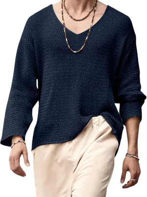 Mens V Neck Pullover Sweater Lightweight Long Sleeve Knit Sweaters Casual Solid Color Fall Jumper Tops
