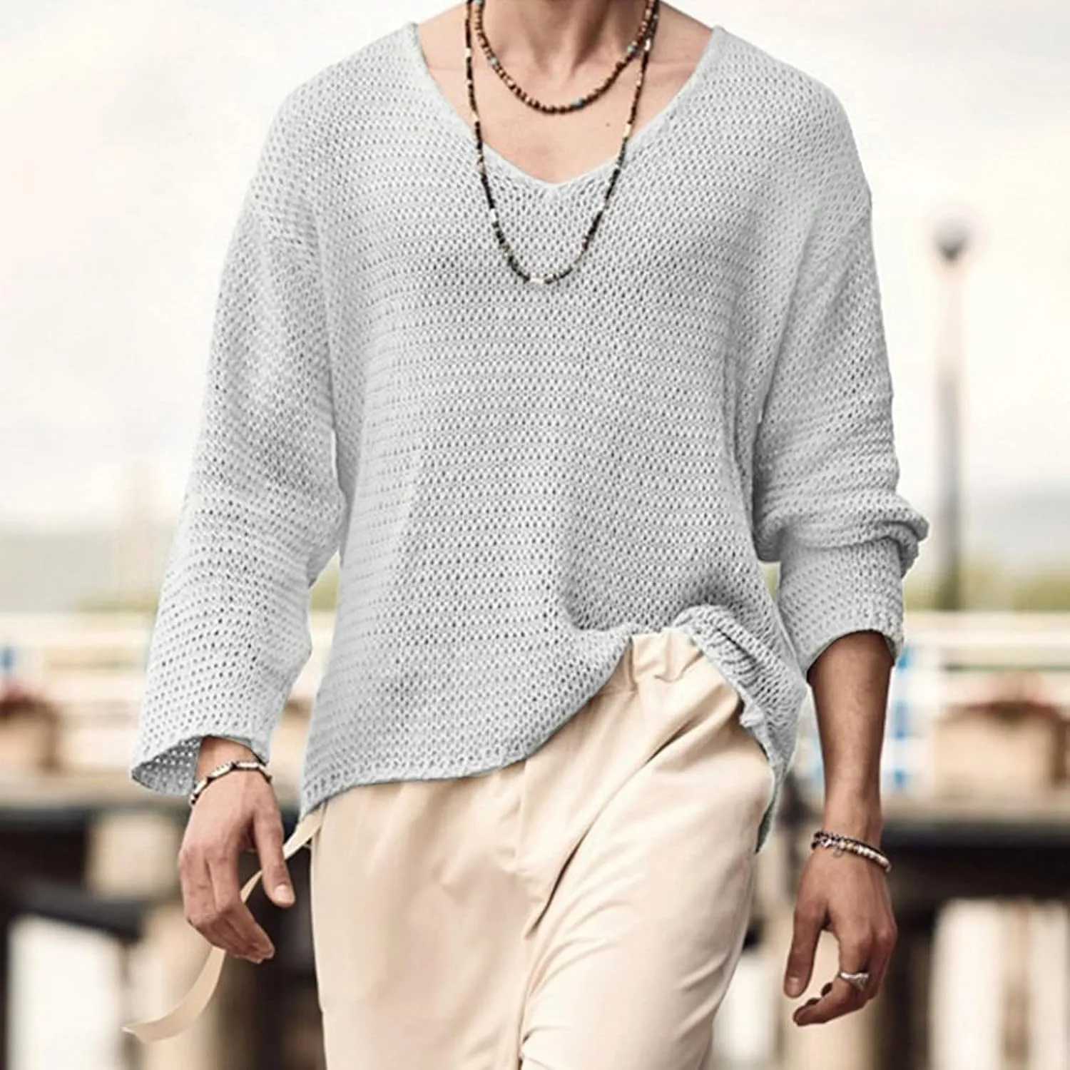 Mens V Neck Pullover Sweater Lightweight Long Sleeve Knit Sweaters Casual Solid Color Fall Jumper Tops