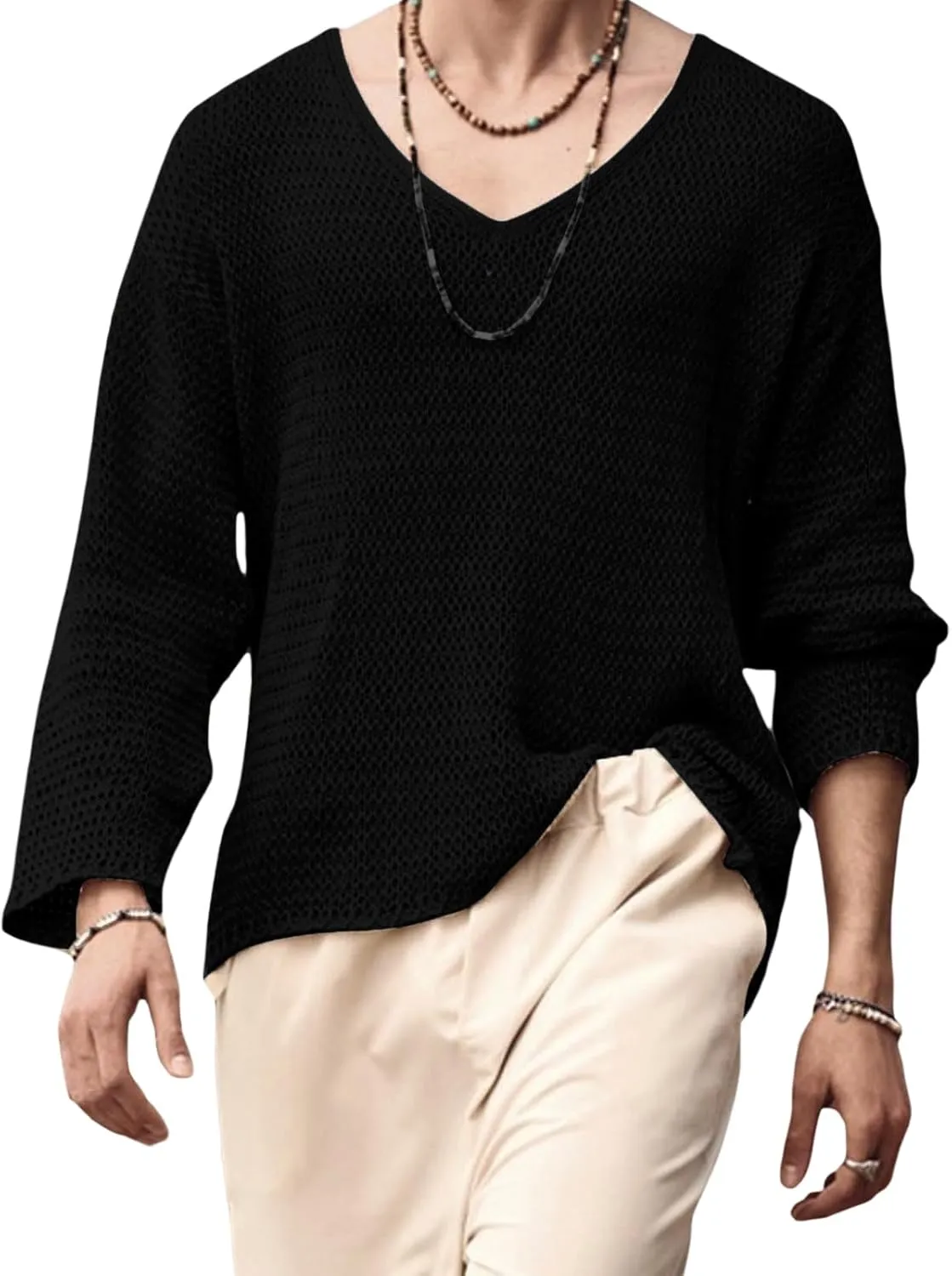 Mens V Neck Pullover Sweater Lightweight Long Sleeve Knit Sweaters Casual Solid Color Fall Jumper Tops