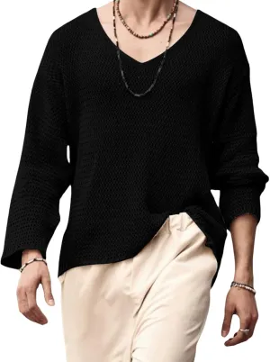 Mens V Neck Pullover Sweater Lightweight Long Sleeve Knit Sweaters Casual Solid Color Fall Jumper Tops