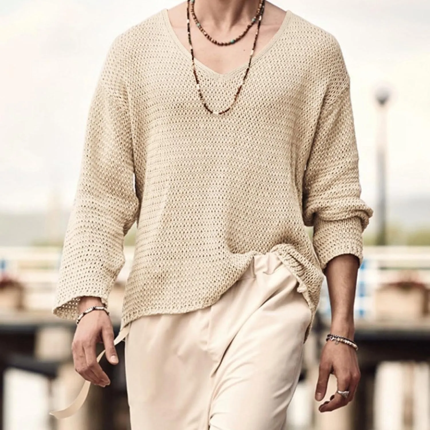 Mens V Neck Pullover Sweater Lightweight Long Sleeve Knit Sweaters Casual Solid Color Fall Jumper Tops