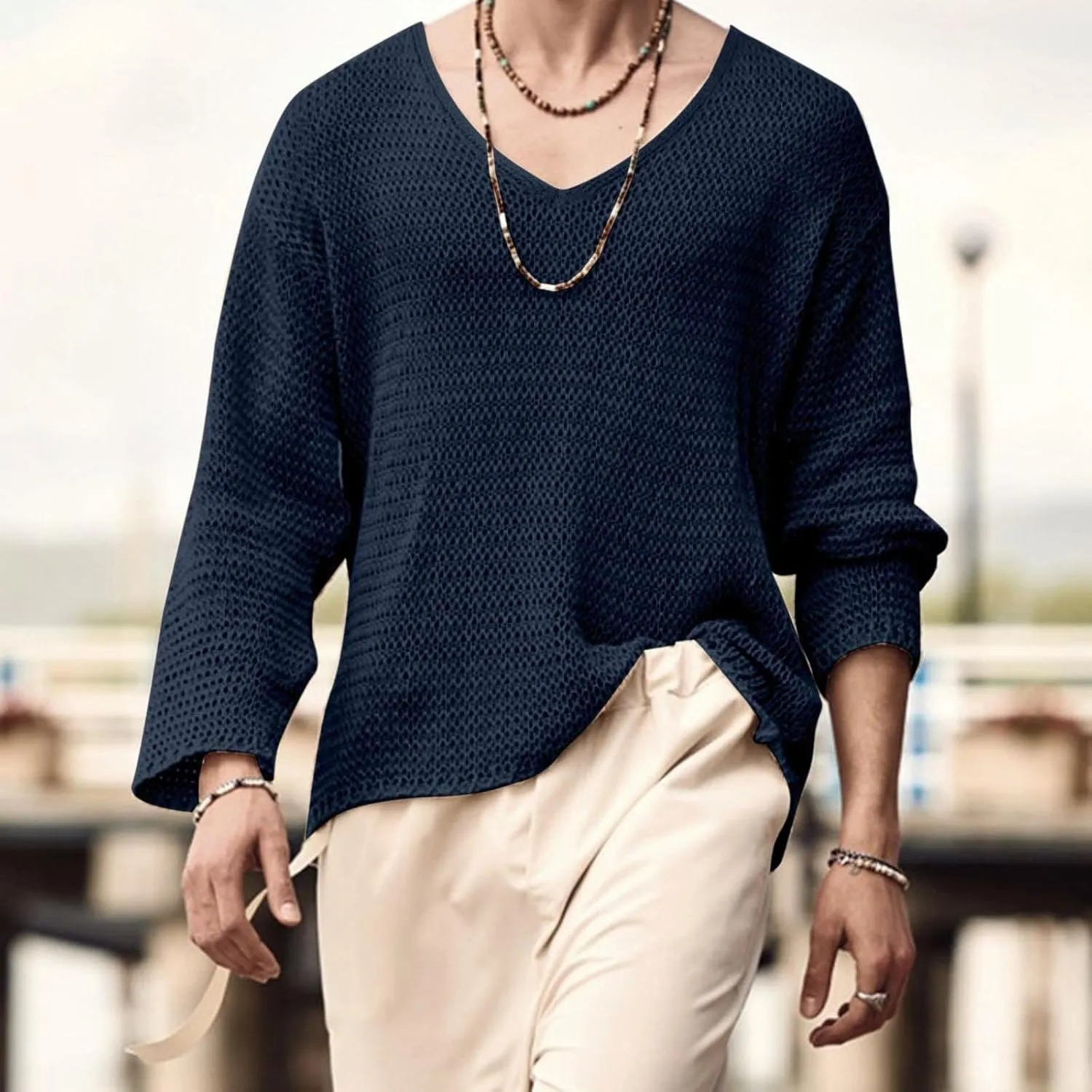 Mens V Neck Pullover Sweater Lightweight Long Sleeve Knit Sweaters Casual Solid Color Fall Jumper Tops