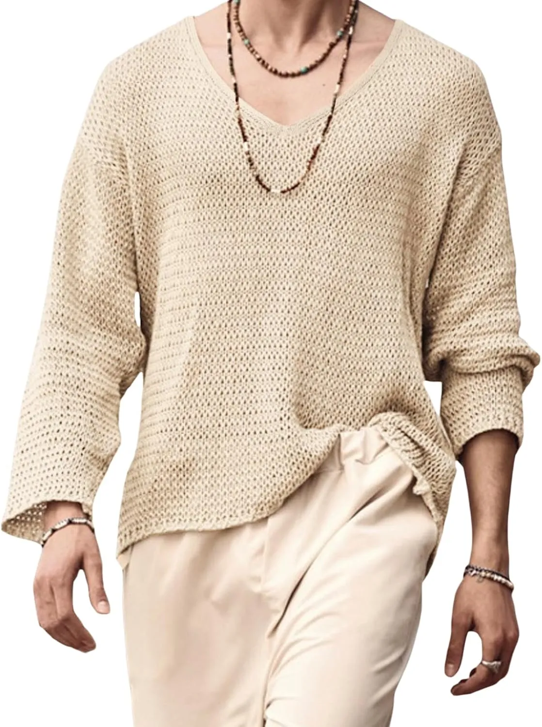 Mens V Neck Pullover Sweater Lightweight Long Sleeve Knit Sweaters Casual Solid Color Fall Jumper Tops